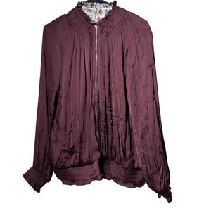 Chico's Reversible Bomber Chic Burgundy & Floral Ruched Ruffled Zip Jacket Sz 3